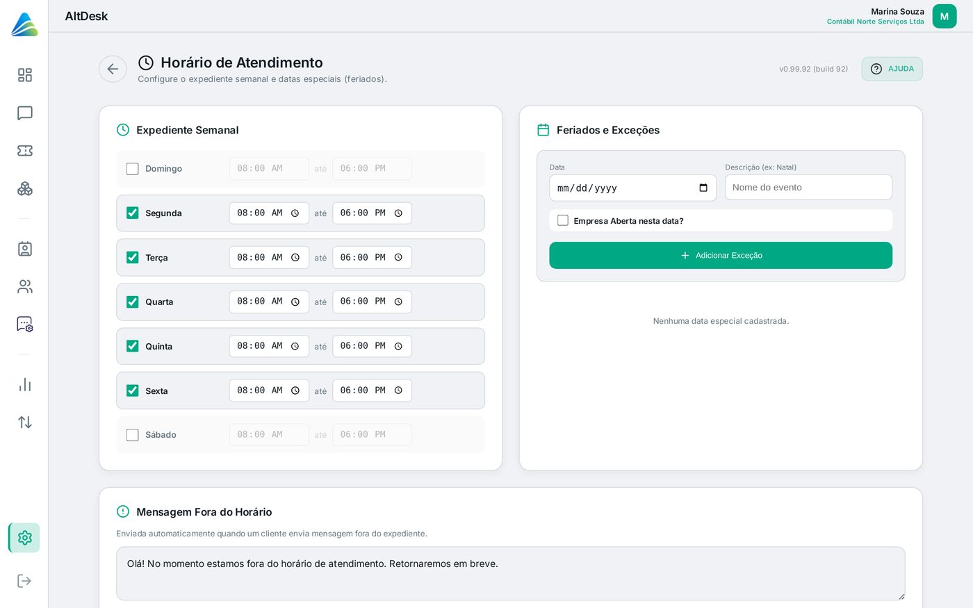 Tela do AltDesk: Configurar o expediente e os feriados