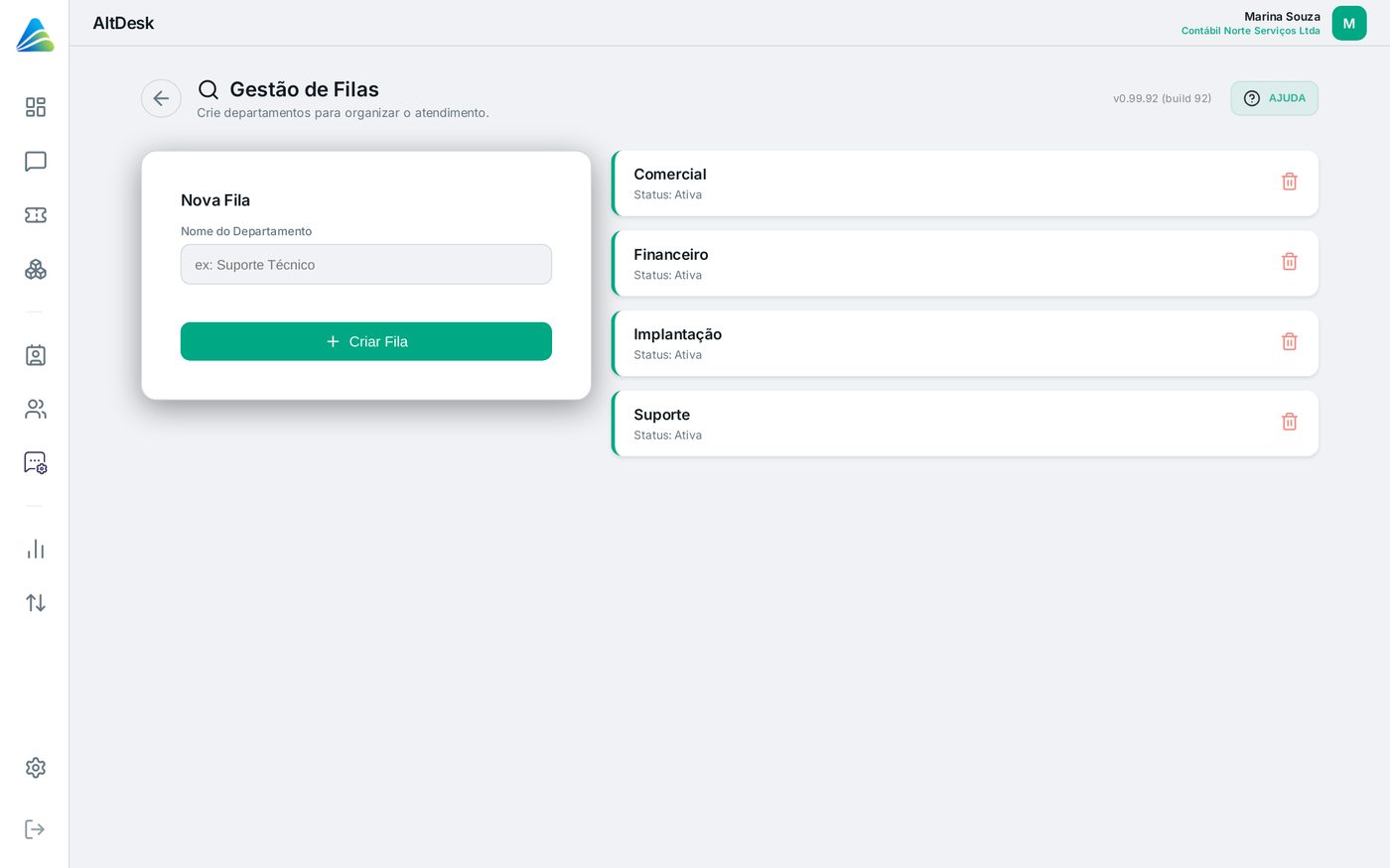 Tela do AltDesk: Criar as filas de atendimento