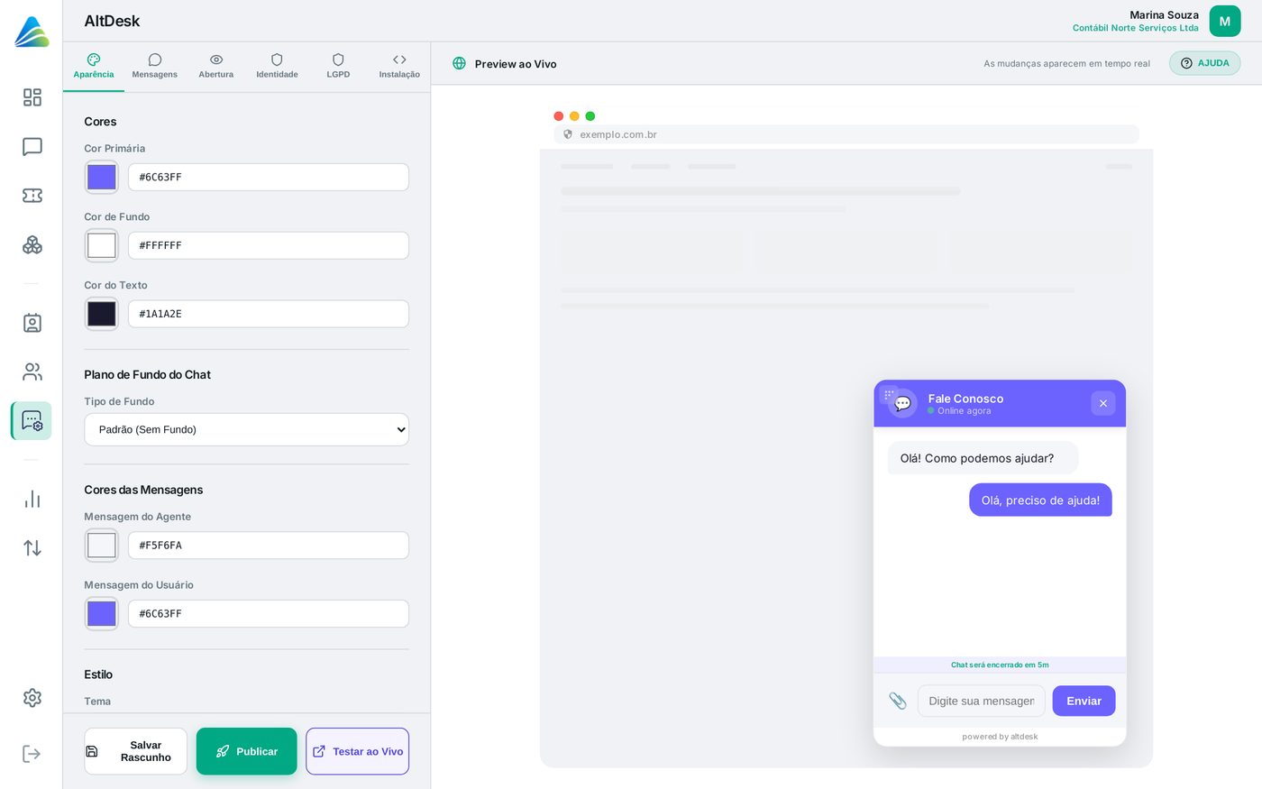 Tela do AltDesk: Instalar o widget de chat no site
