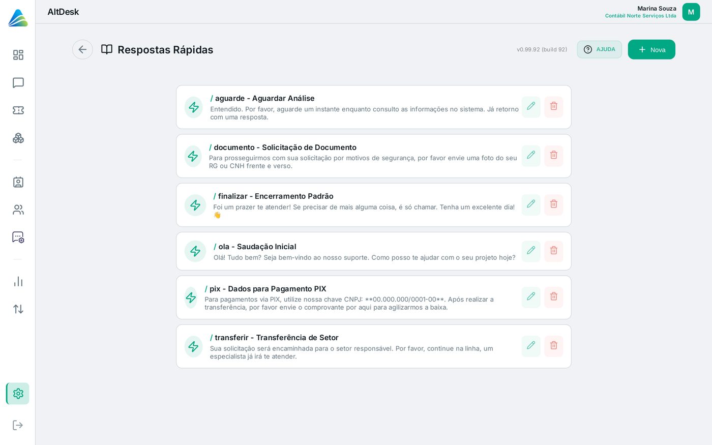 Tela do AltDesk: Usar respostas rápidas