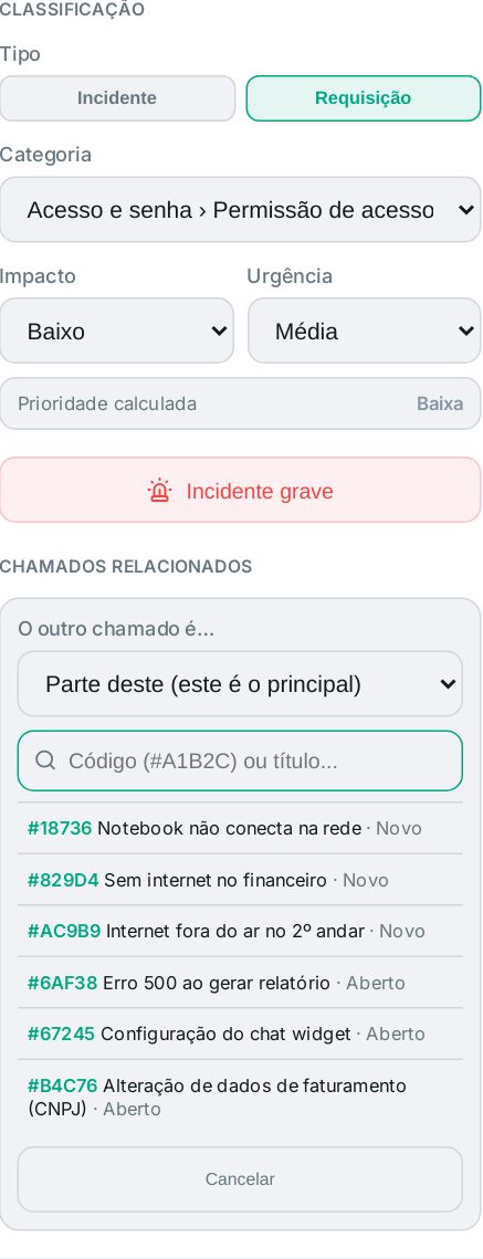 Tela do AltDesk: Ligar chamados (principal, filhos e duplicados)