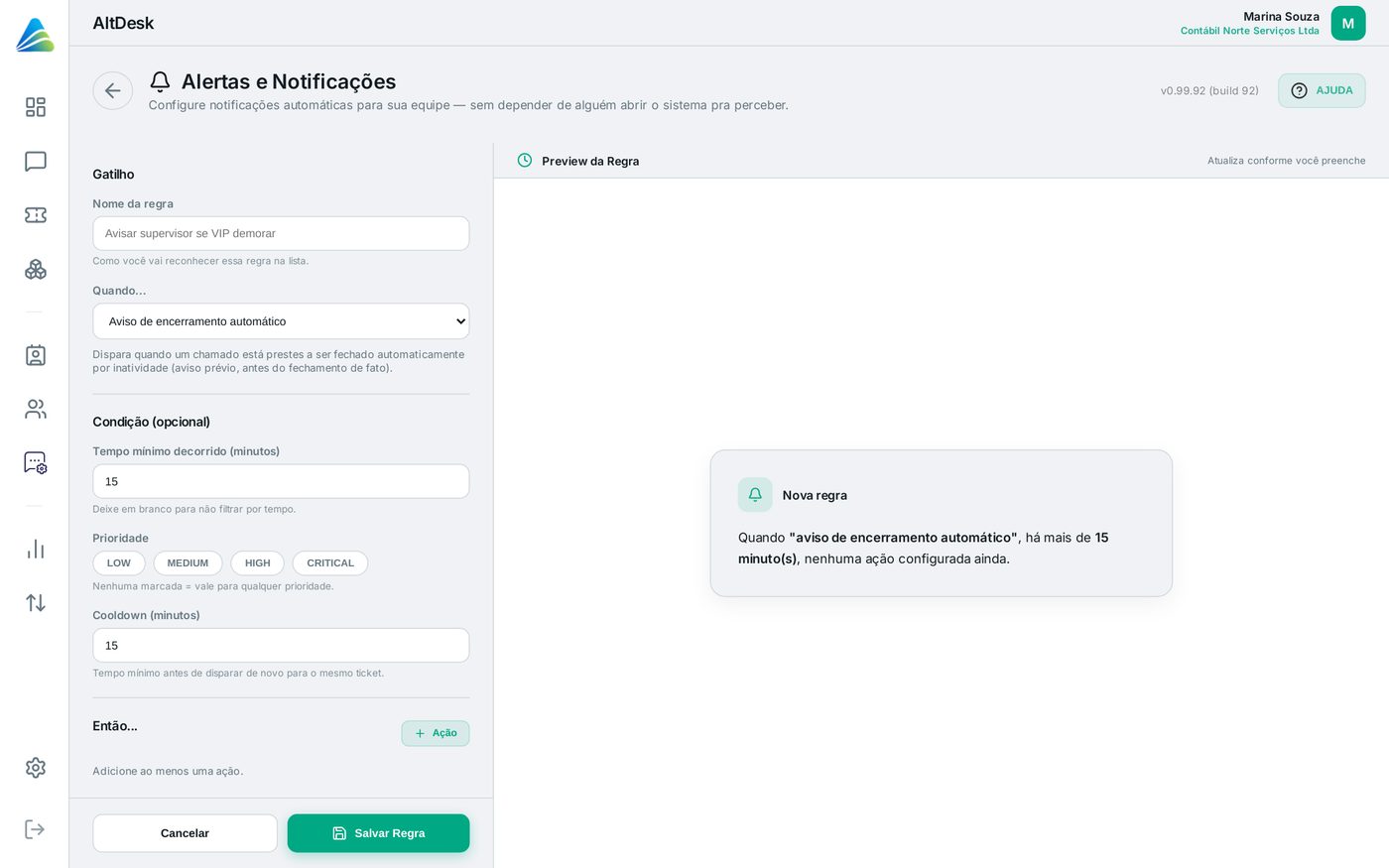 Tela do AltDesk: Criar regras de alerta
