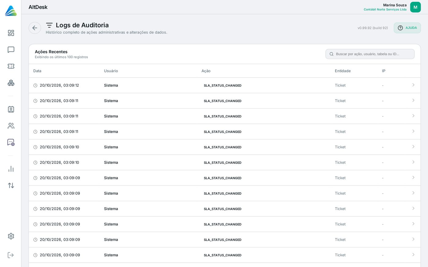Tela do AltDesk: Consultar a auditoria