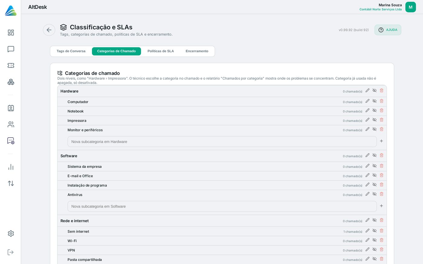 Tela do AltDesk: Ajustar as categorias de chamado