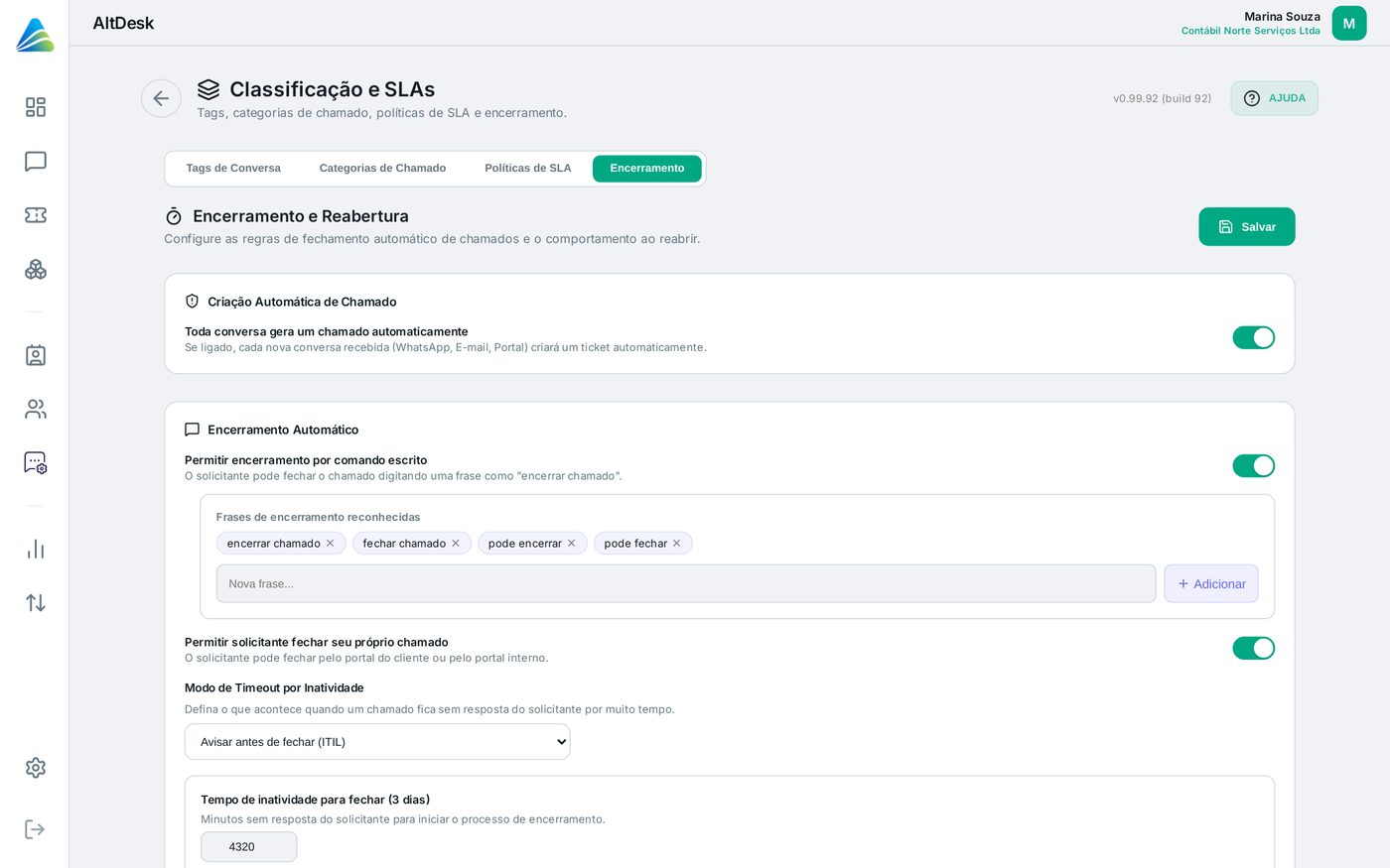 Tela do AltDesk: Configurar encerramento e reabertura