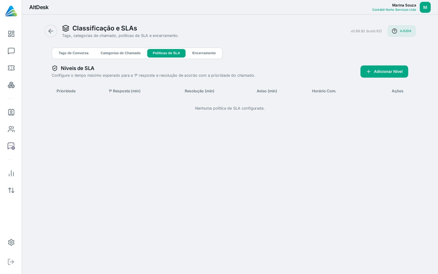 Tela do AltDesk: Definir os prazos de SLA