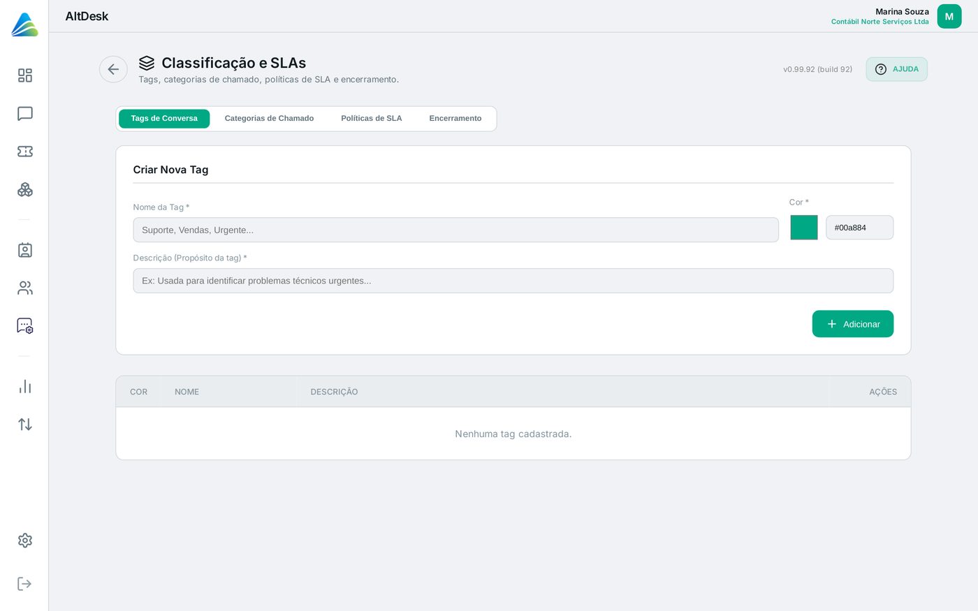 Tela do AltDesk: Criar tags de conversa