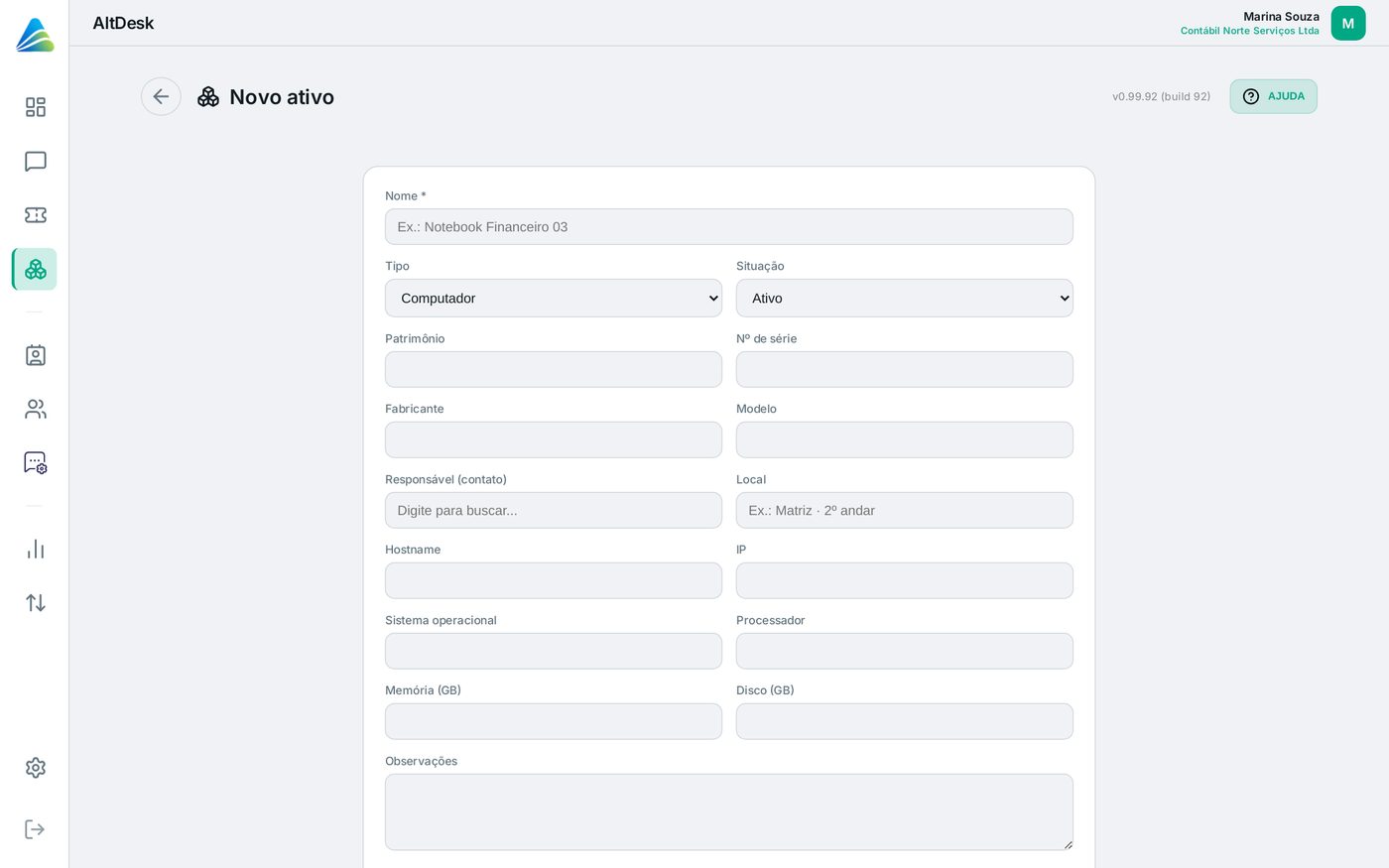 Tela do AltDesk: Cadastrar um ativo à mão