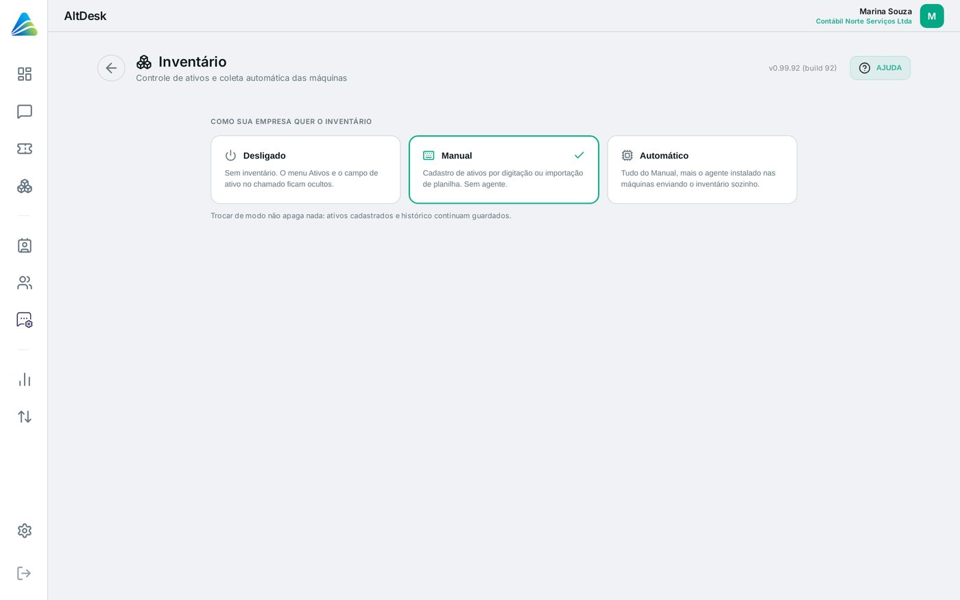 Tela do AltDesk: Escolher o modo do inventário