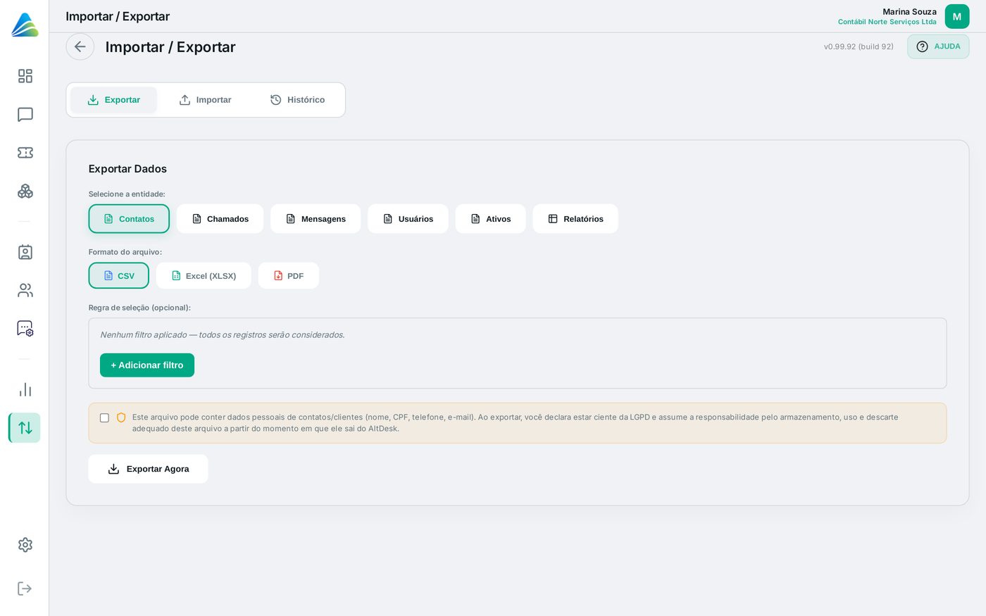 Tela do AltDesk: Exportar dados